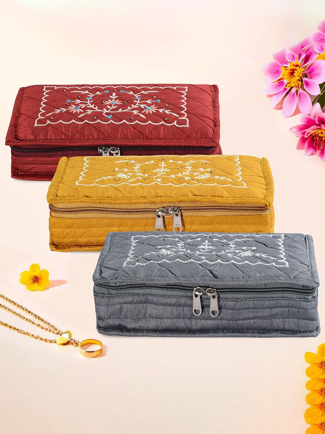 

Kuber Industries Grey & Yellow 3 Pieces Self Design Jewellery Organisers