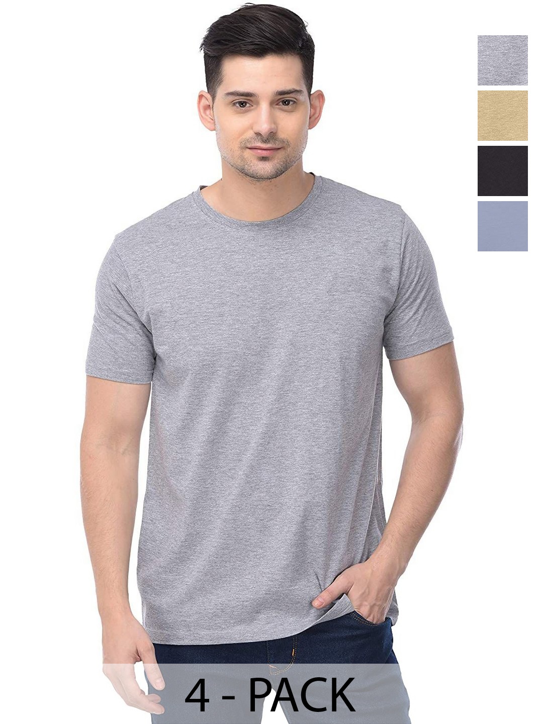 

COLOR CAPITAL Unisex Pack Of 4 Solid Round Neck Cotton T-shirts, Grey