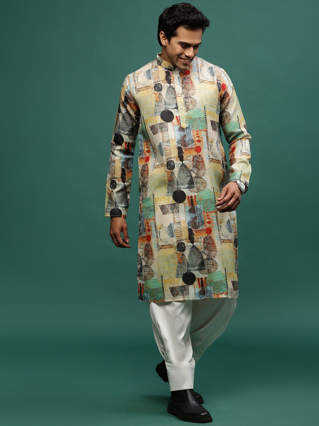

Sangria Mustard Yellow Abstract Printed Straight Kurta With Patiala
