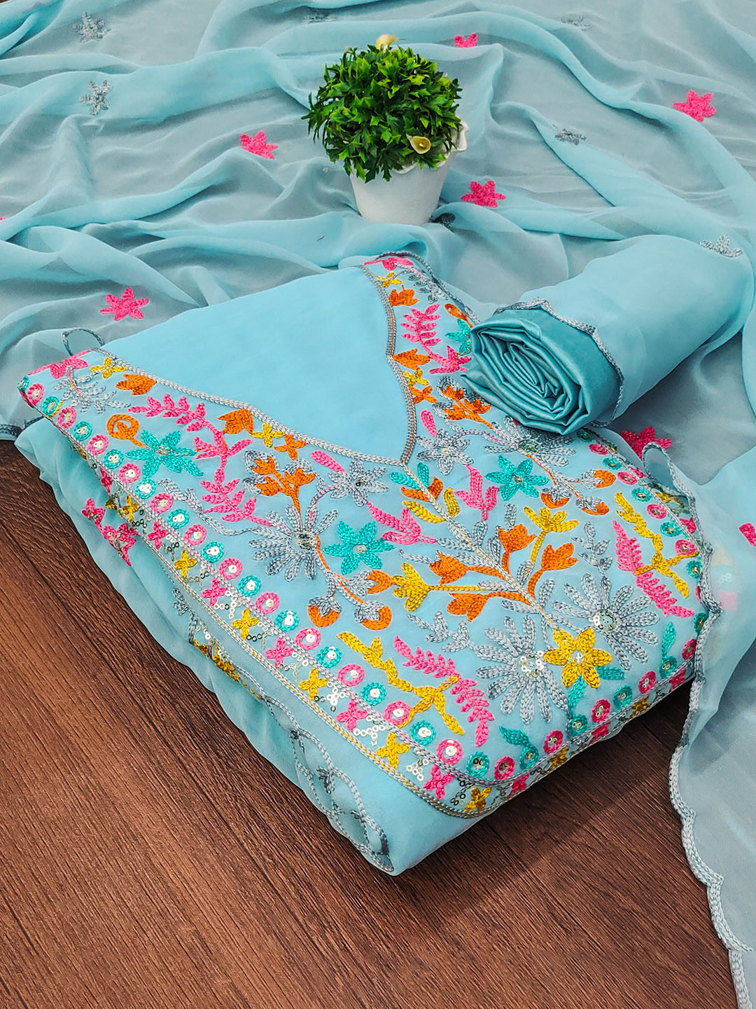 

MANVAA Floral Embroidered Unstitched Dress Material, Blue
