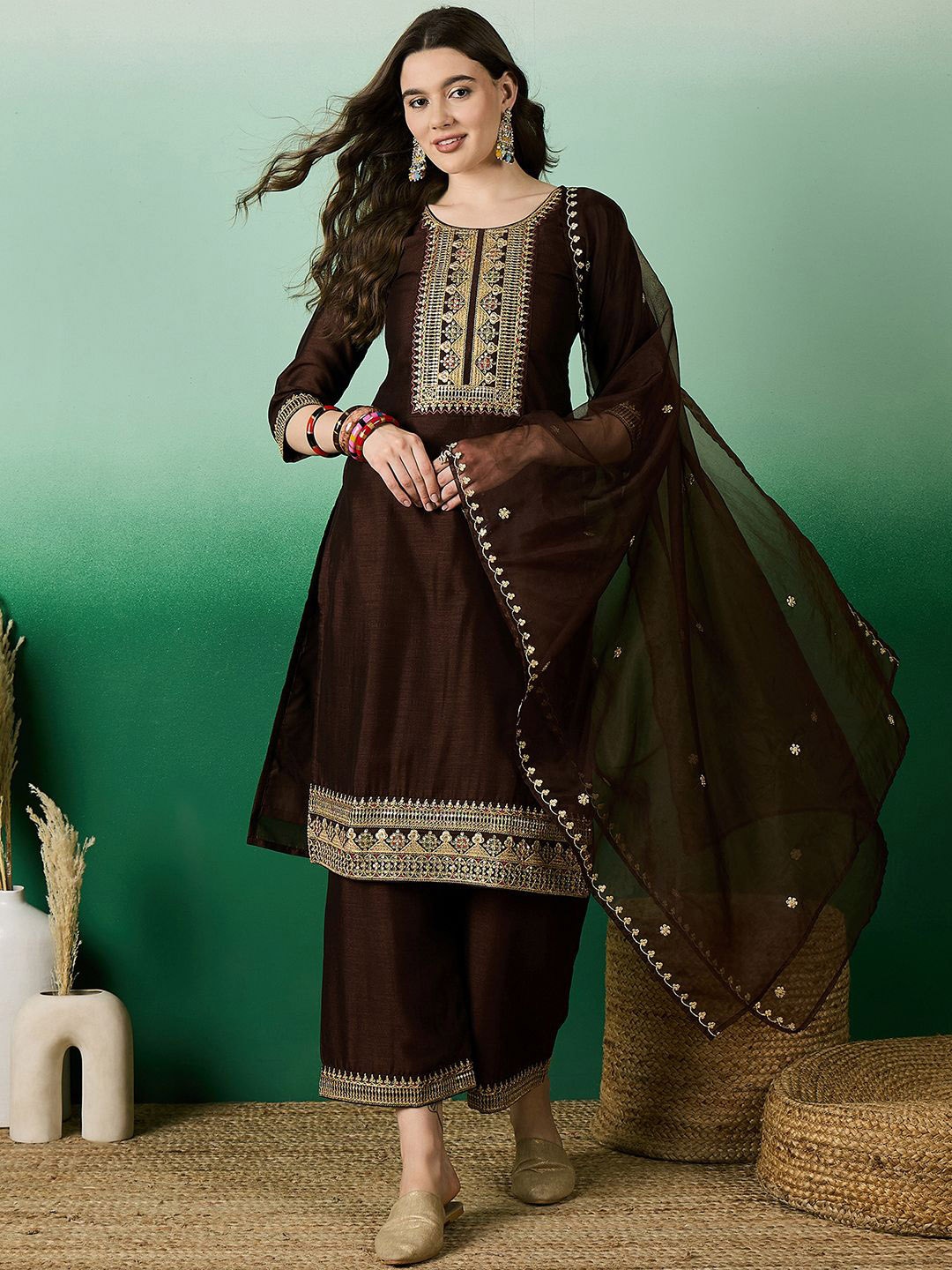 

Sangria Floral Yoke Design Straight Sequinned Kurta With Palazzo & Dupatta, Brown