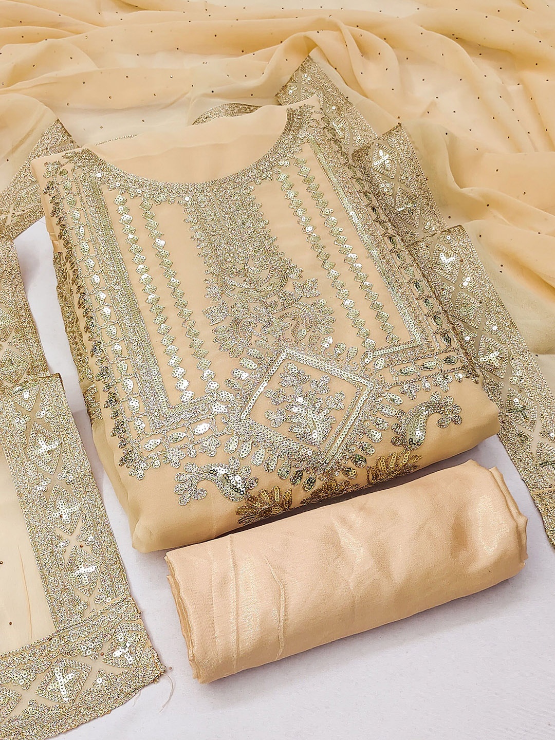 

MANVAA Floral Embroidered Unstitched Dress Material, Beige