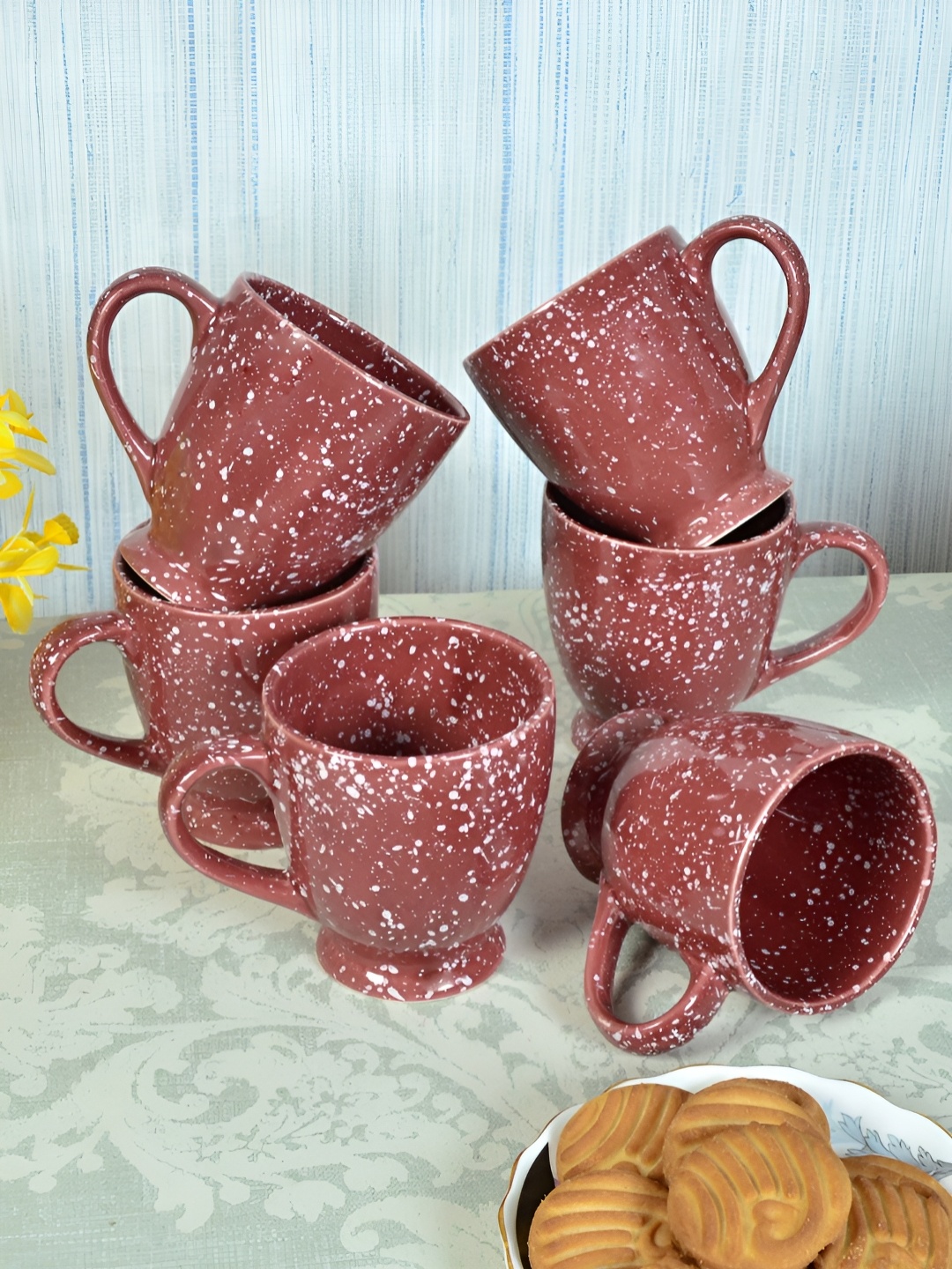 

FABINALIV Set of 6 Brown & White Handcrafted Ceramics Glossy Mugs