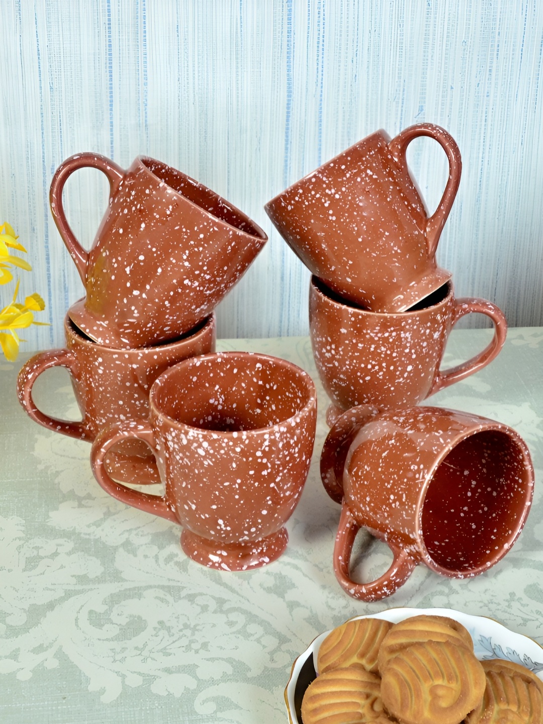 

FABINALIV Set of 6 Brown & White Handcrafted Ceramics Glossy Mugs
