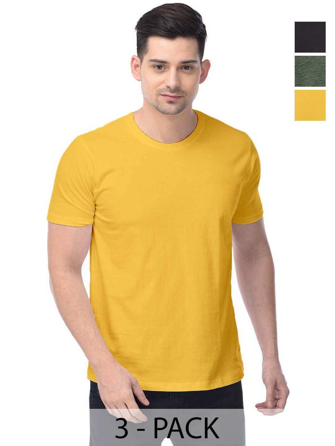 

COLOR CAPITAL Unisex Pack Of 3 Solid Round Neck Cotton T-shirts, Yellow