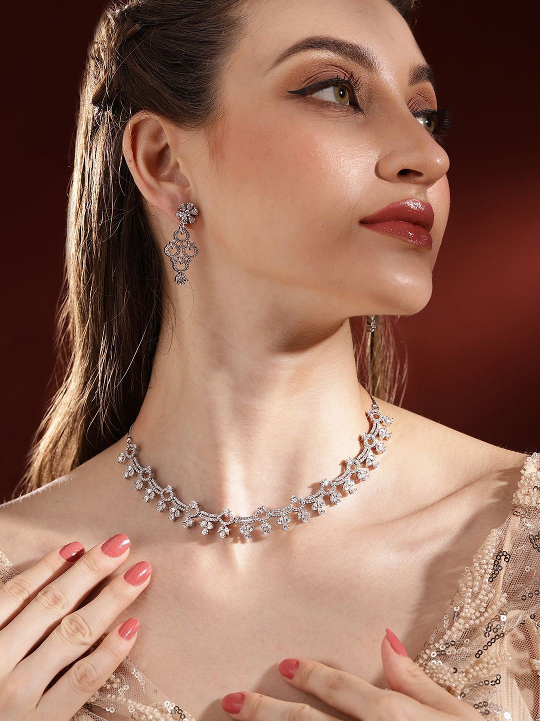 

Priyaasi Silver-Plated American Diamond Studded Jewellery Set