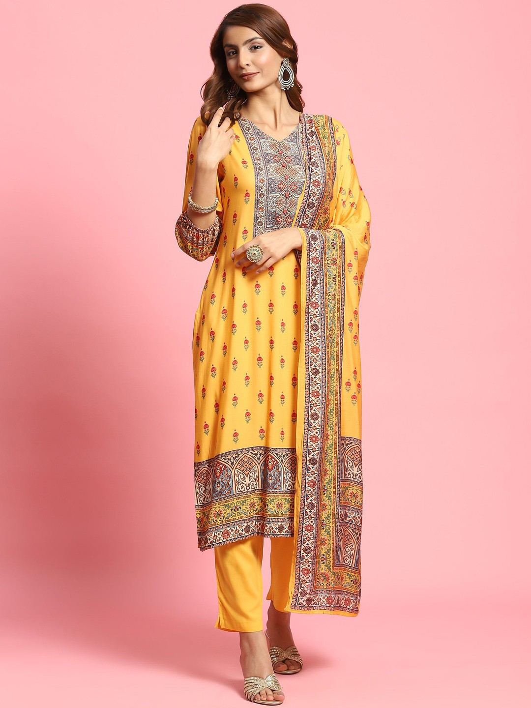 

Shree Floral Printed Liva Kurta with Trousers & Dupatta, Mustard