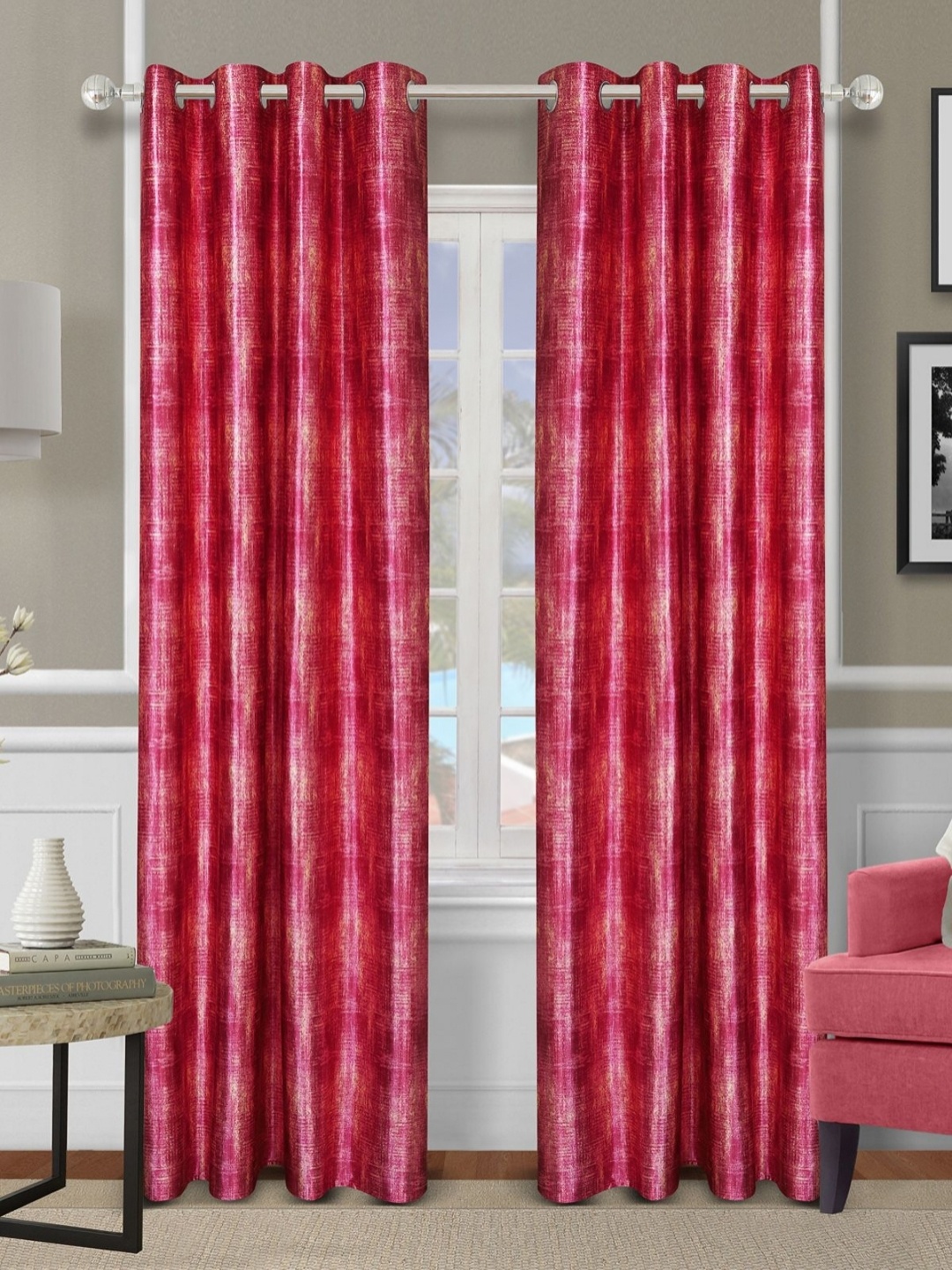 

Myntra Elegant Homes Pink 2 Pieces Abstract Printed Room Darkening Door Curtains