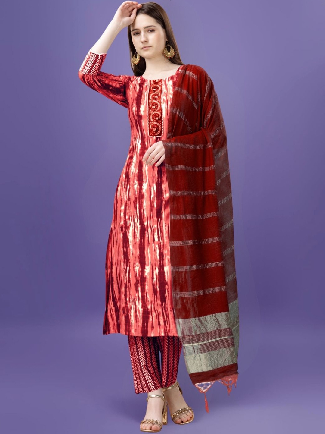 

MAGMINA Abstract Printed Straight Sequinned Kurta with Trousers & Dupatta, Coral