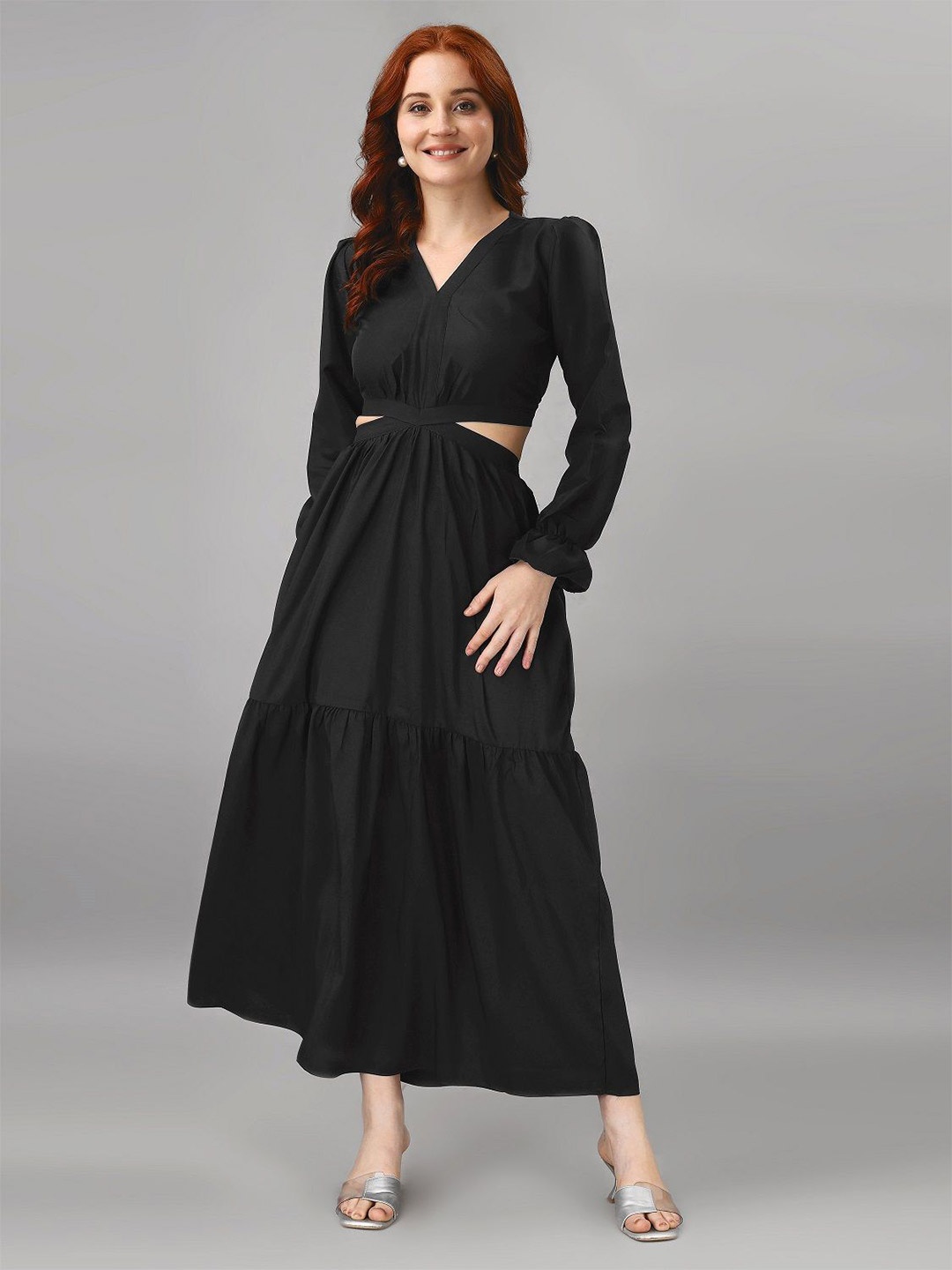 

Femvy Puff Sleeve Applique Crepe Fit & Flare Maxi Dress, Black