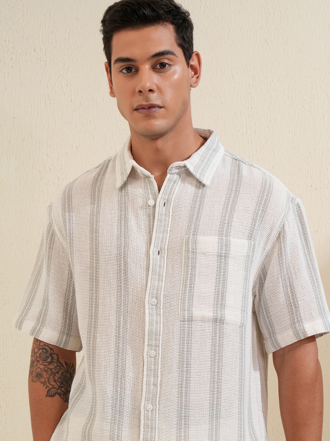 

LOCOMOTIVE Premium Men Mocklino Dobby Textured Striped Oversized Shirt, Cream
