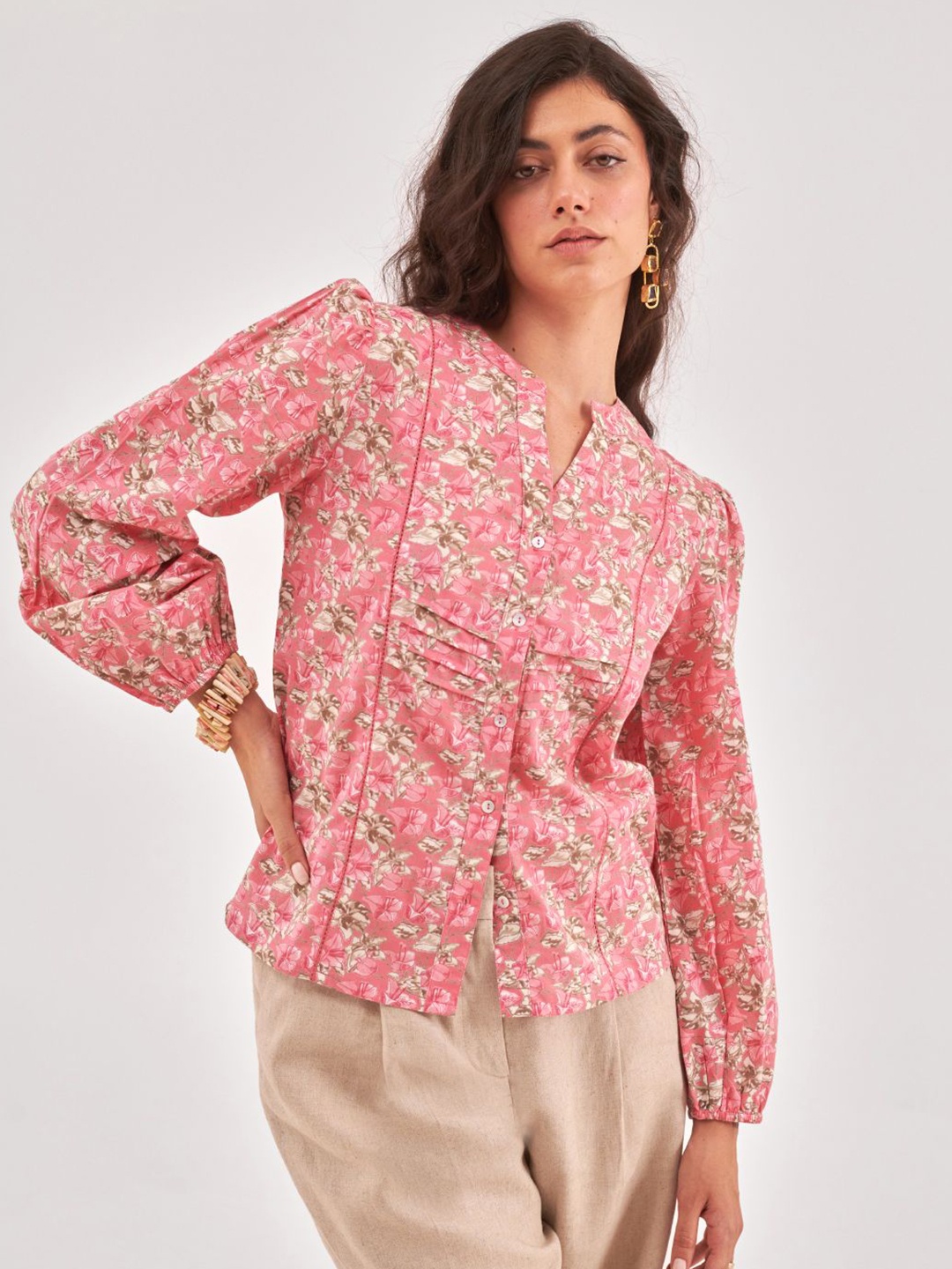 

QOMN Floral Print Puff Sleeve Cotton Top, Pink