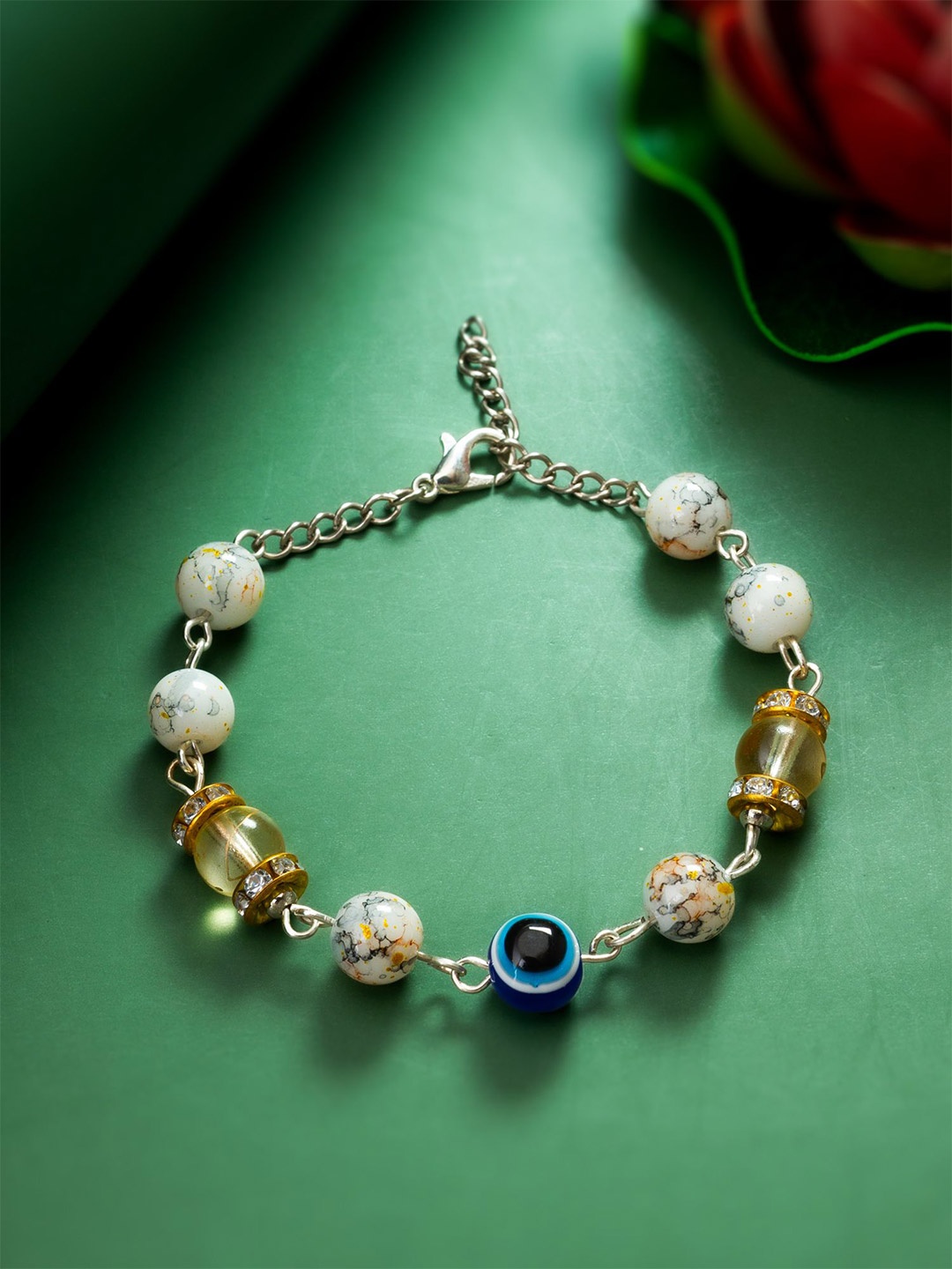 

aadita Silver Beaded Evil Eye Charm Bracelet