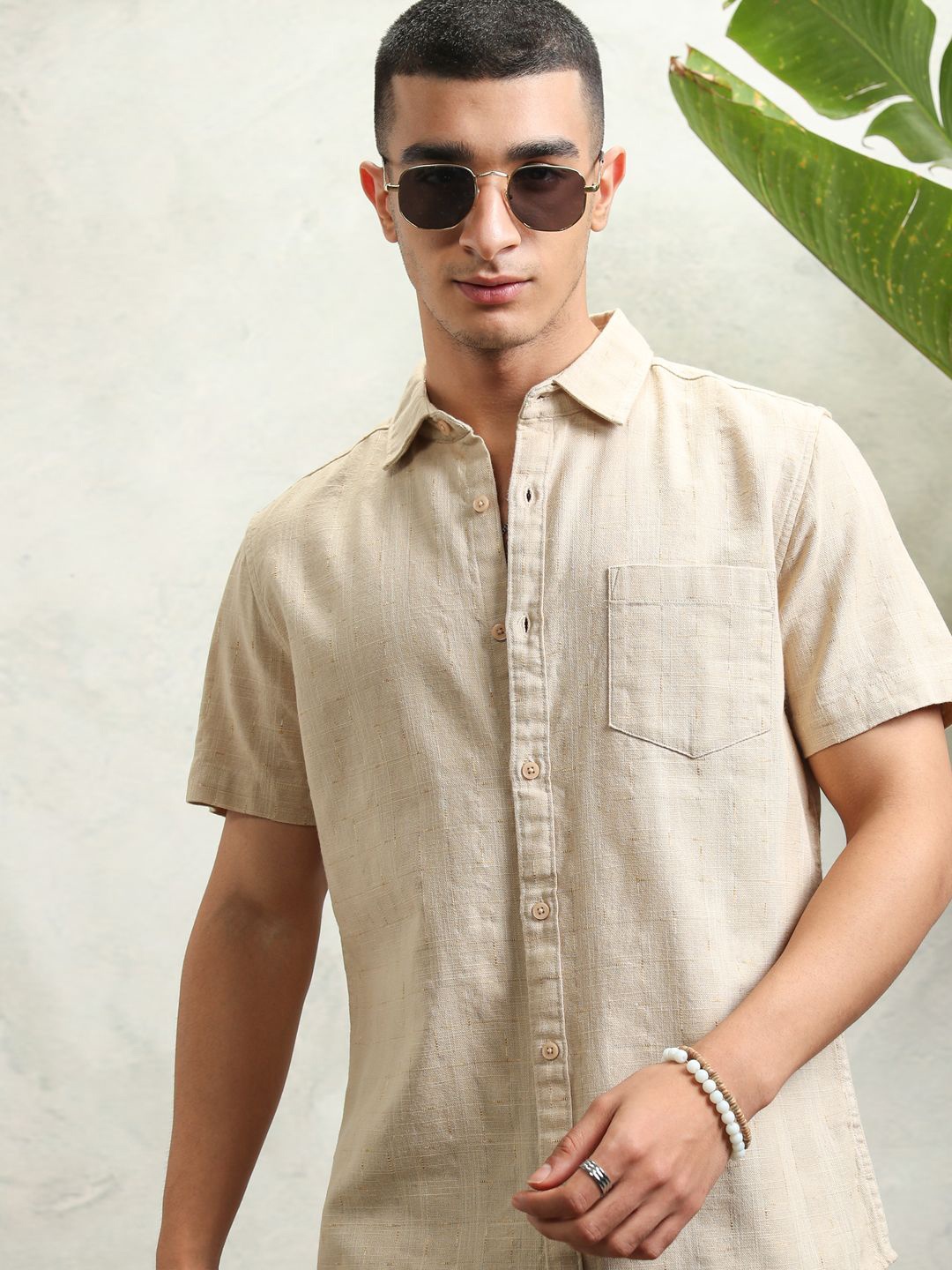 

HIGHLANDER Men Special Yarn Dobby Textured Checked Casual Regular Fit Shirt, Beige