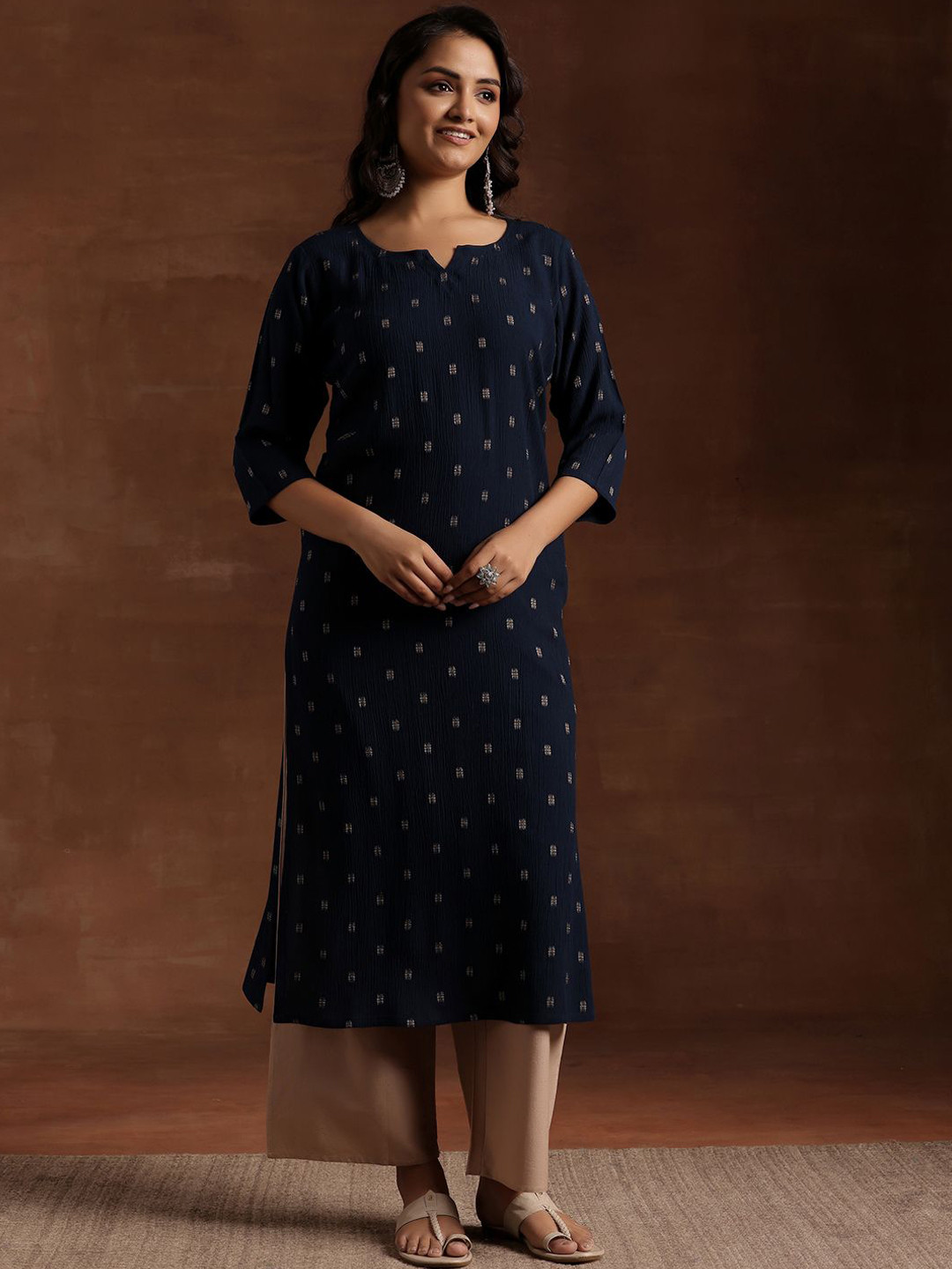 

Libas Ethnic Motifs Woven Design Notch Neck Straight Kurta, Blue