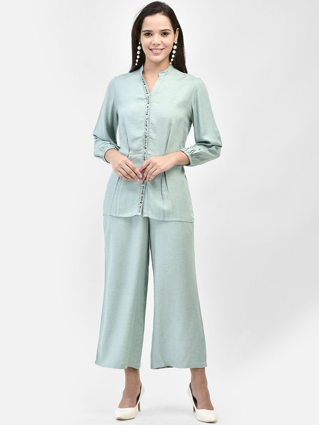 

FUTURO V Neck Puff Sleeves Top With Trousers, Green