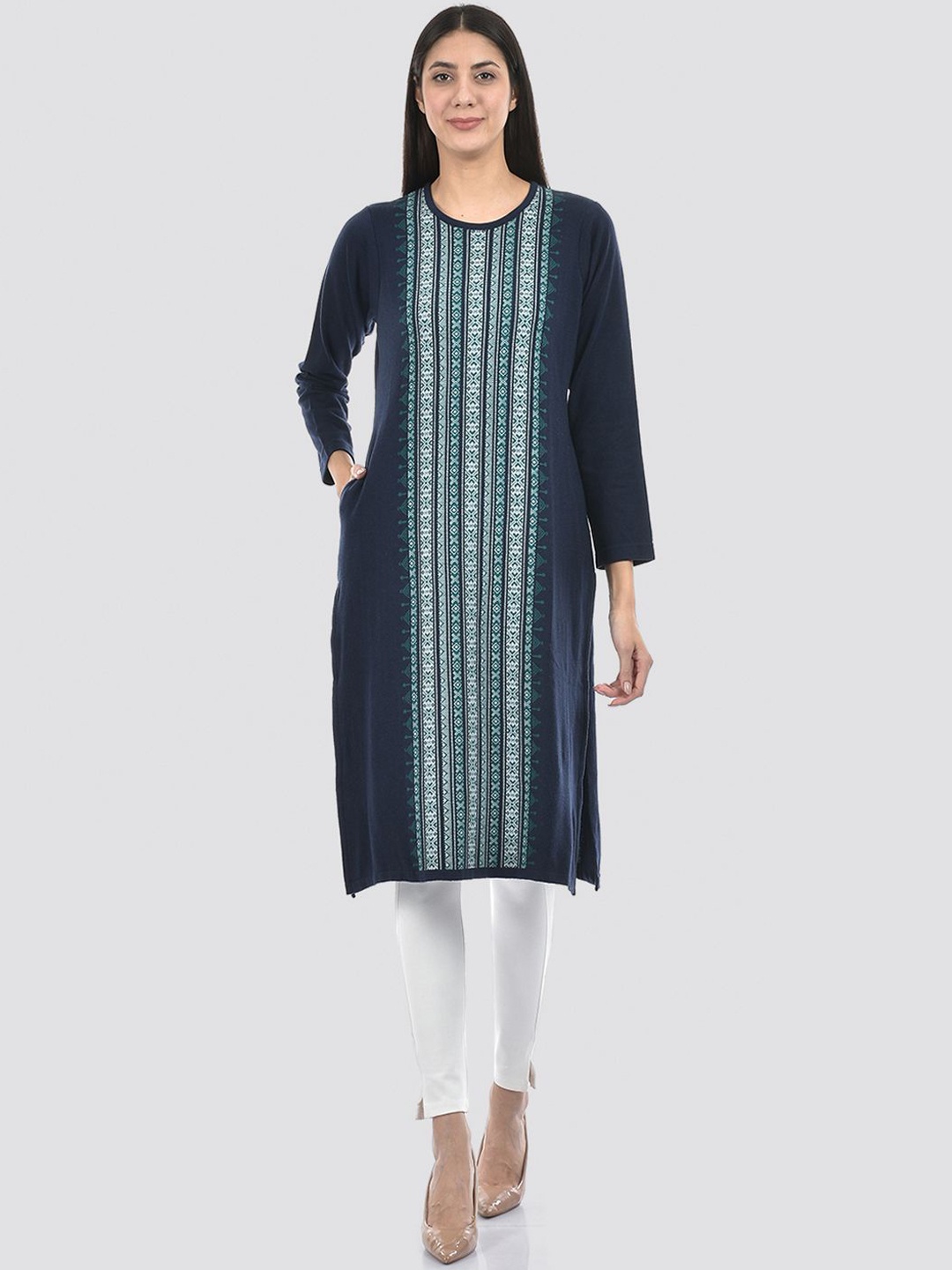

American Eye Ethnic Motifs Woven Design Acrylic Straight Kurta, Blue