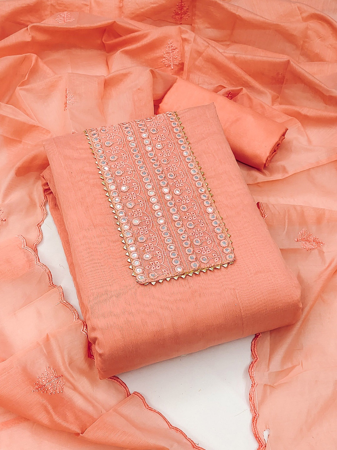

MANVAA Floral Embellished Mirror Work Unstitched Dress Material, Peach