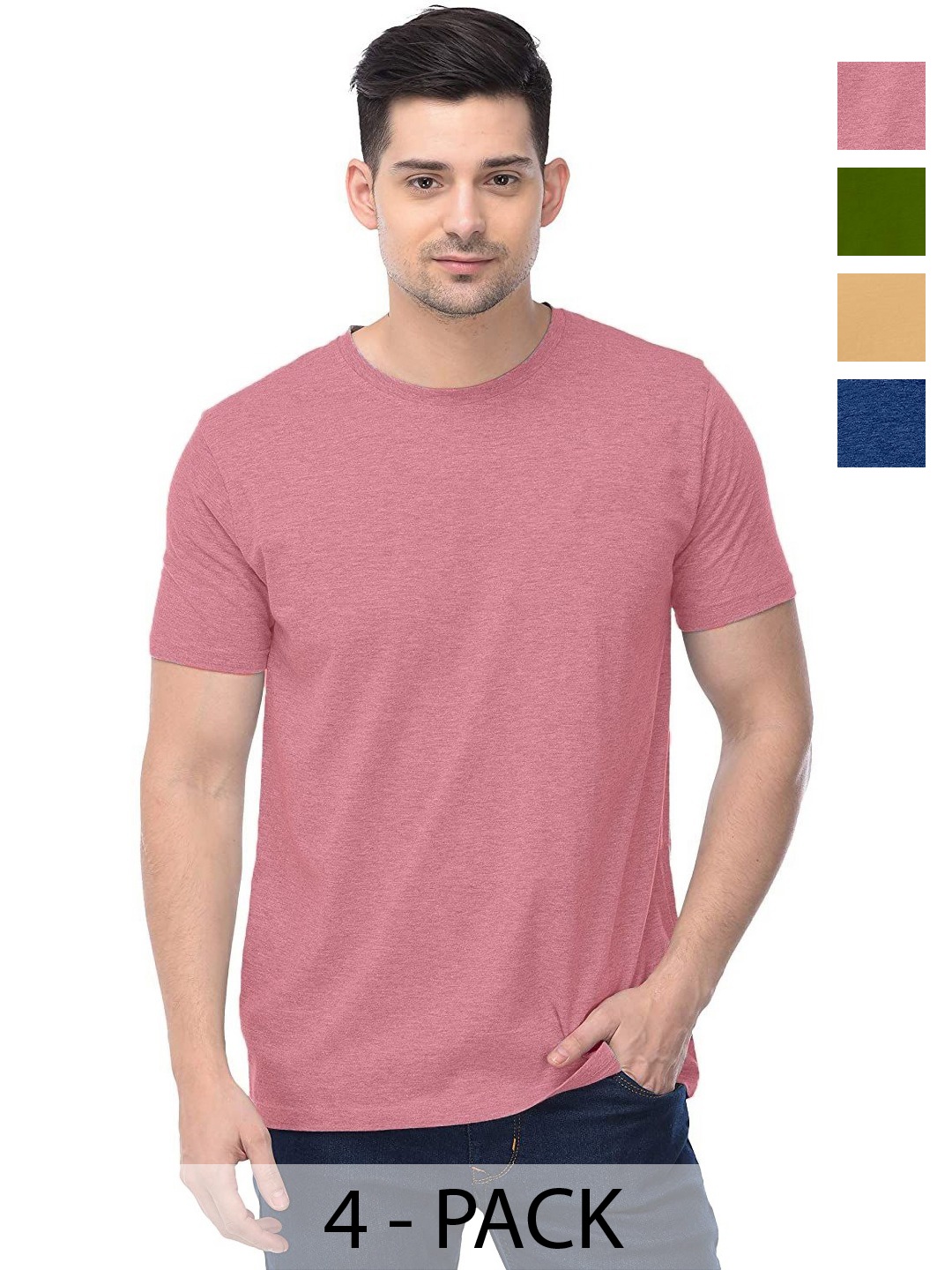 

COLOR CAPITAL Unisex Pack Of 4 Solid Round Neck Cotton T-shirts, Olive