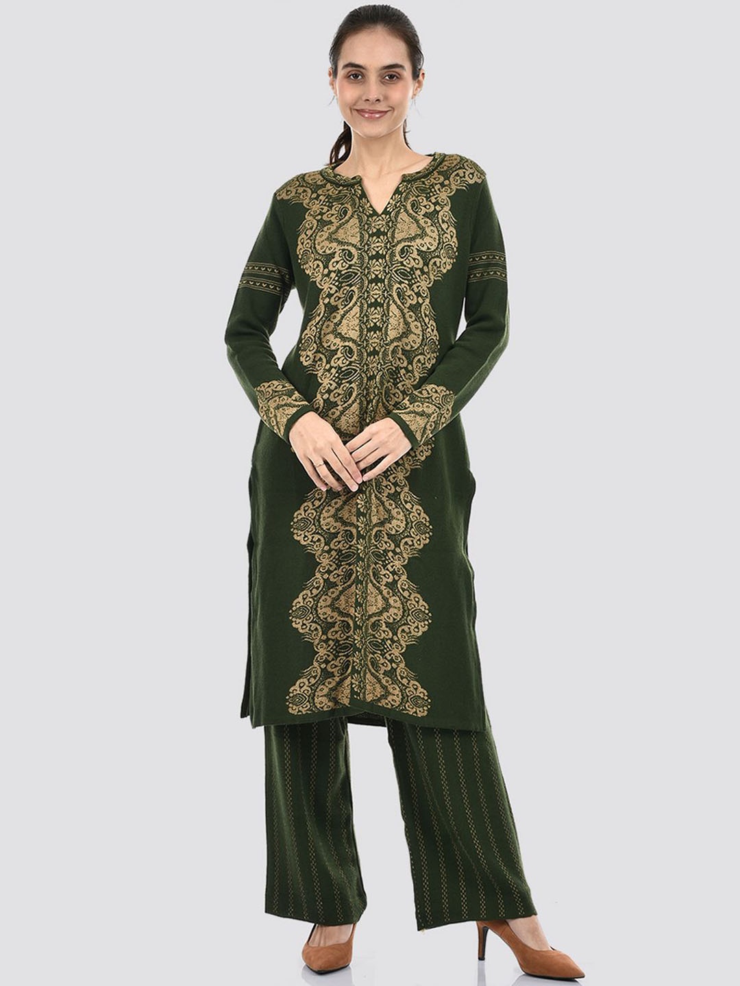 

American Eye Ethnic Motifs Woven Design Notch Neck Acrylic Straight Kurta with Palazzos, Green