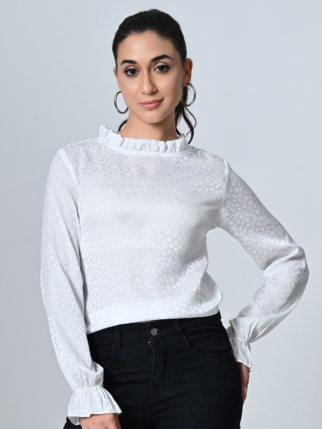 

WAYLENE Women Abstract Printed High Neck Top, White