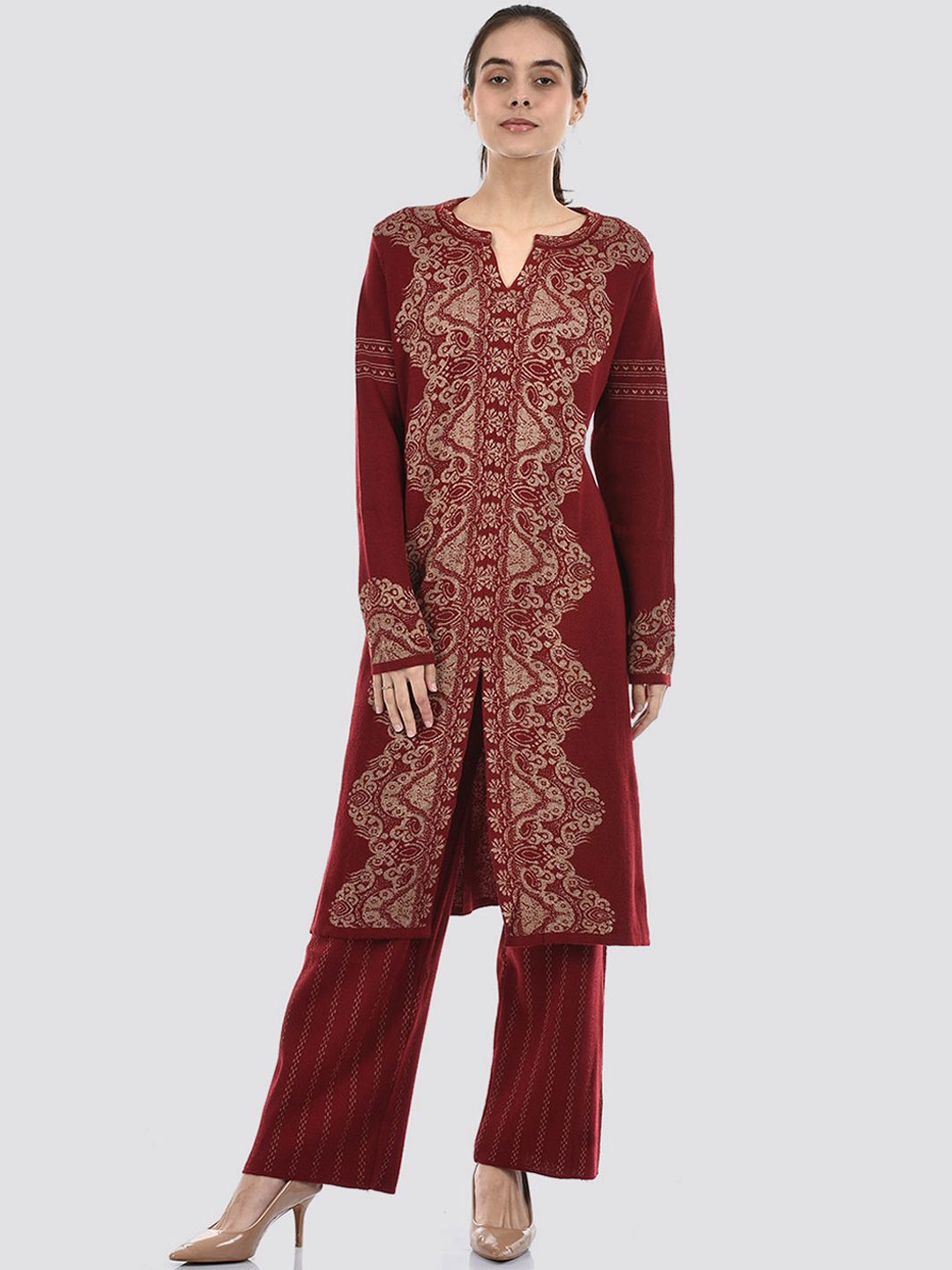 

American Eye Ethnic Motifs Woven Design Notch Neck Acrylic Straight Kurta with Palazzos, Maroon