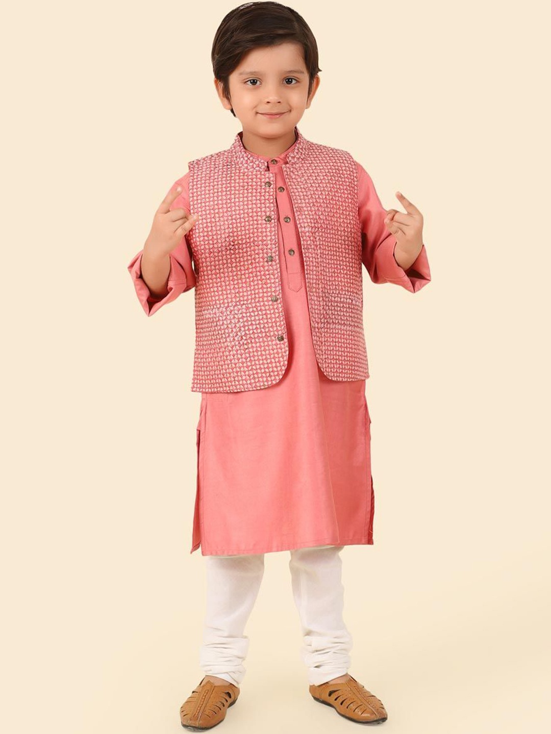 

Fabindia Boys Floral Straight Kurta with Churidar, Pink