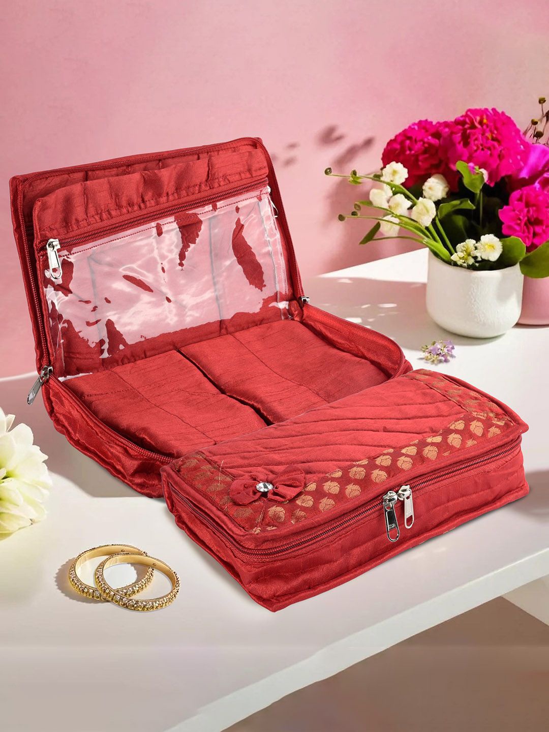 

Kuber Industries Red 2 Pieces Floral Embroidered Jewellery Organisers