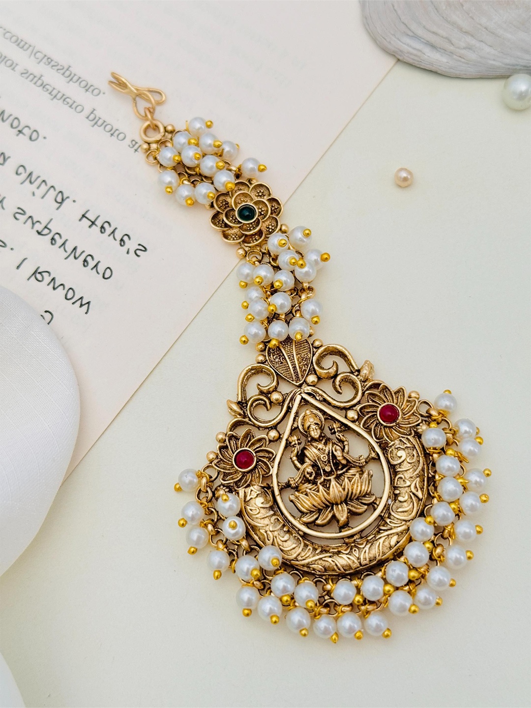 

ABDESIGNS Gold-Plated Stones Studded & Beaded Temple Maang Tikka Head Jewellery