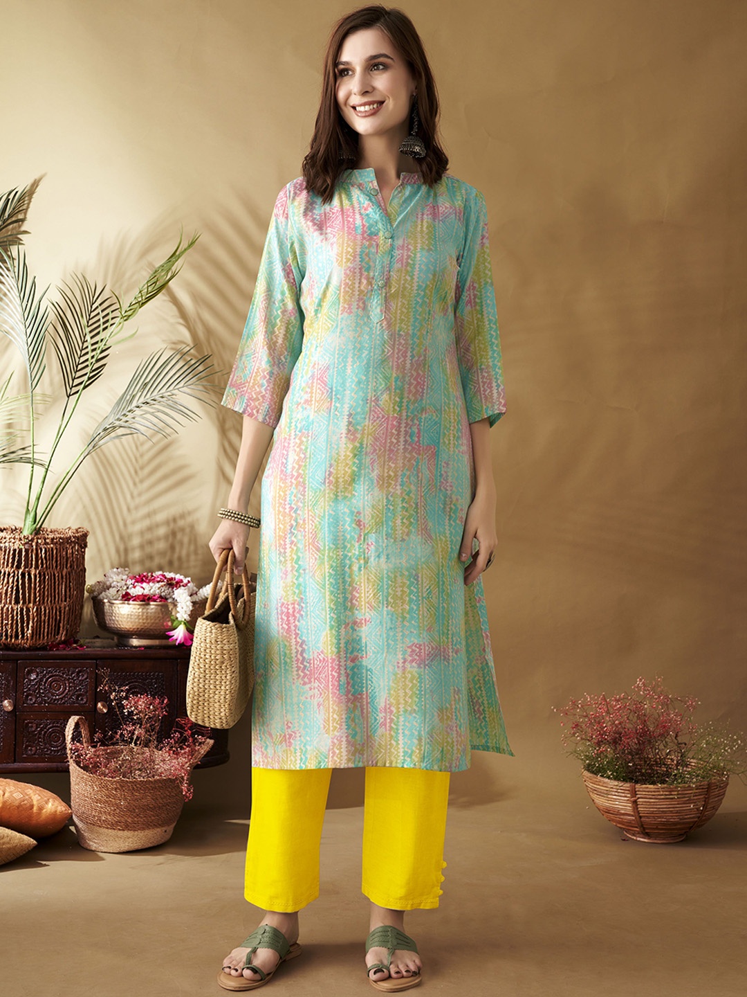 

Anouk Tribal Printed Mandarin Collar Chanderi Silk Straight Kurta, Sea green