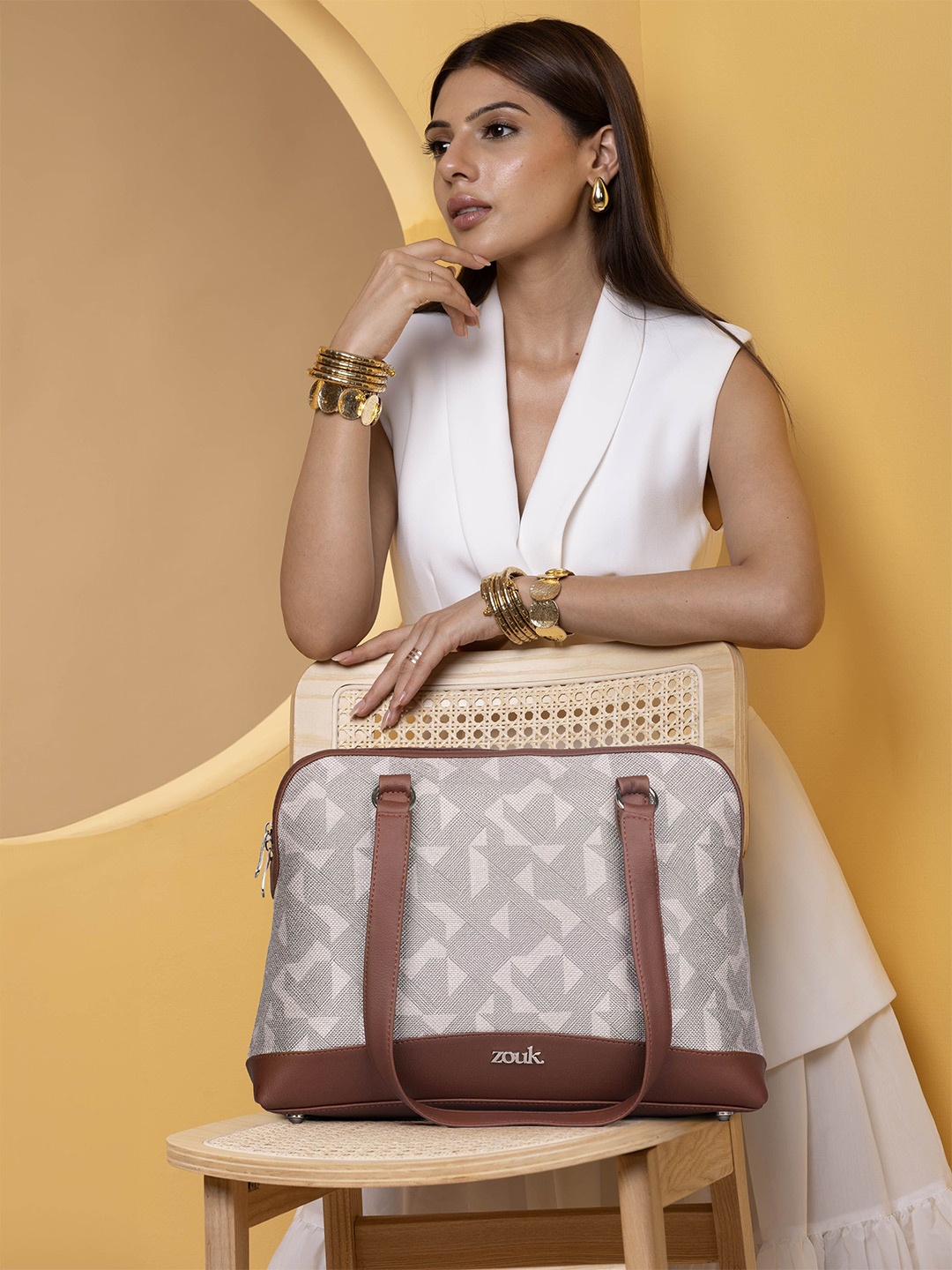 

ZOUK Geometric Printed Structured Shoulder Bag, Grey