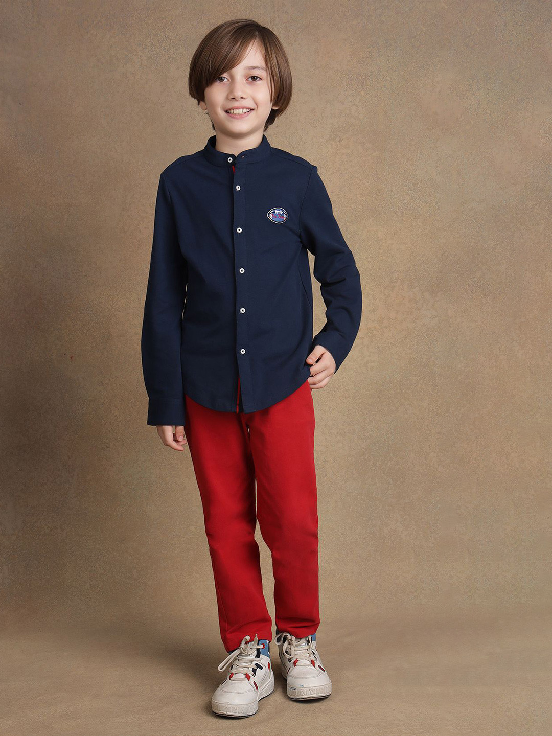 

One Friday Boys Comfort Band Collar Solid Cotton Formal Shirt, Navy blue