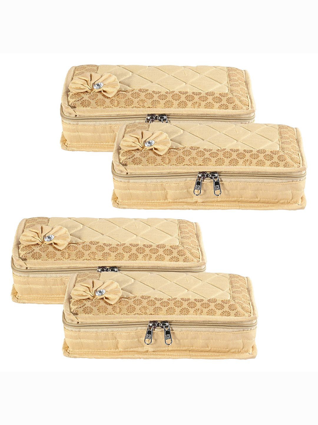 

Kuber Industries Gold-Toned 4 Pieces Floral Embroidered Jewellery Organisers