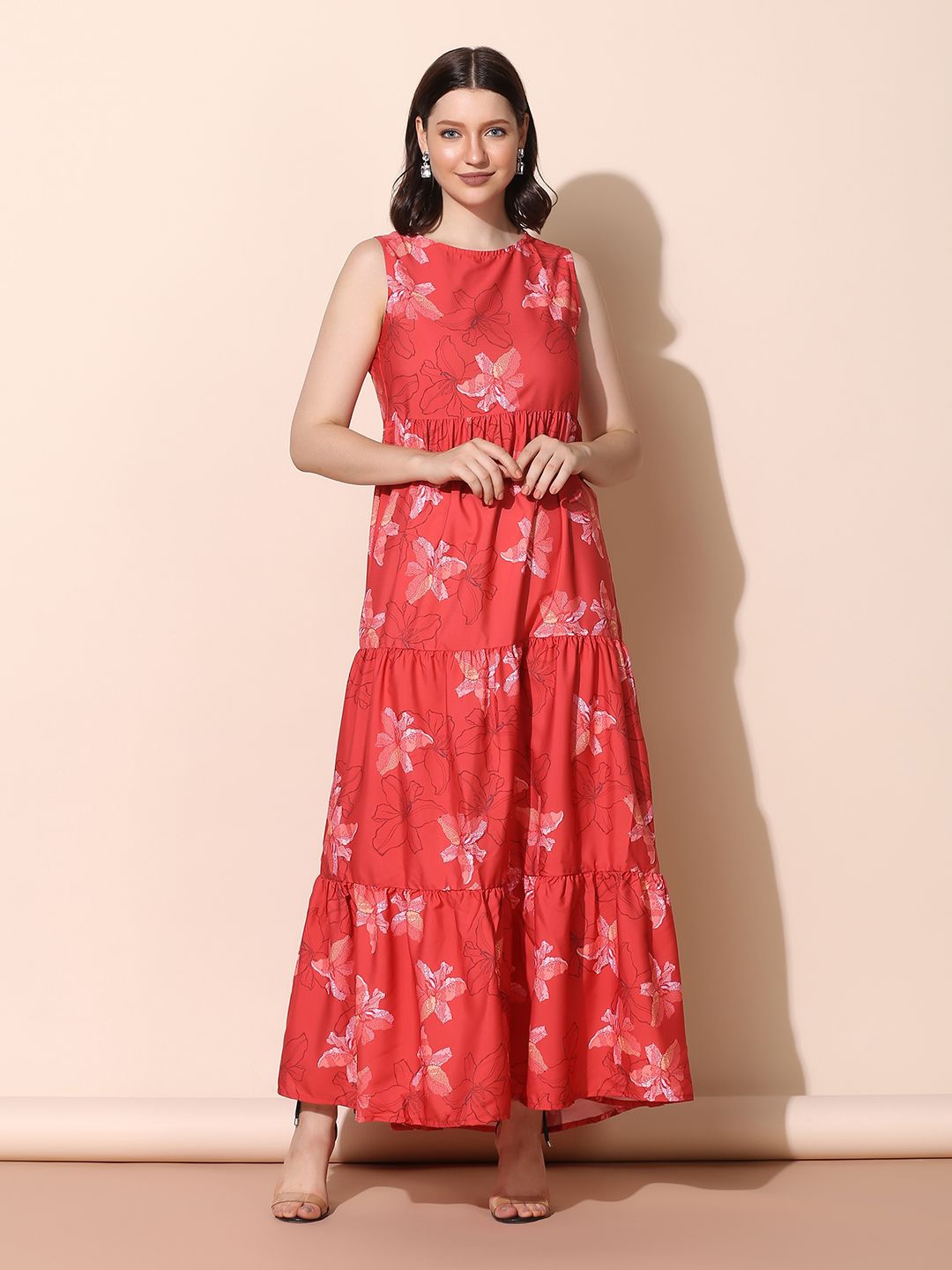 

BAESD Floral Printed Crepe Fit & Flare Maxi Dress, Rust