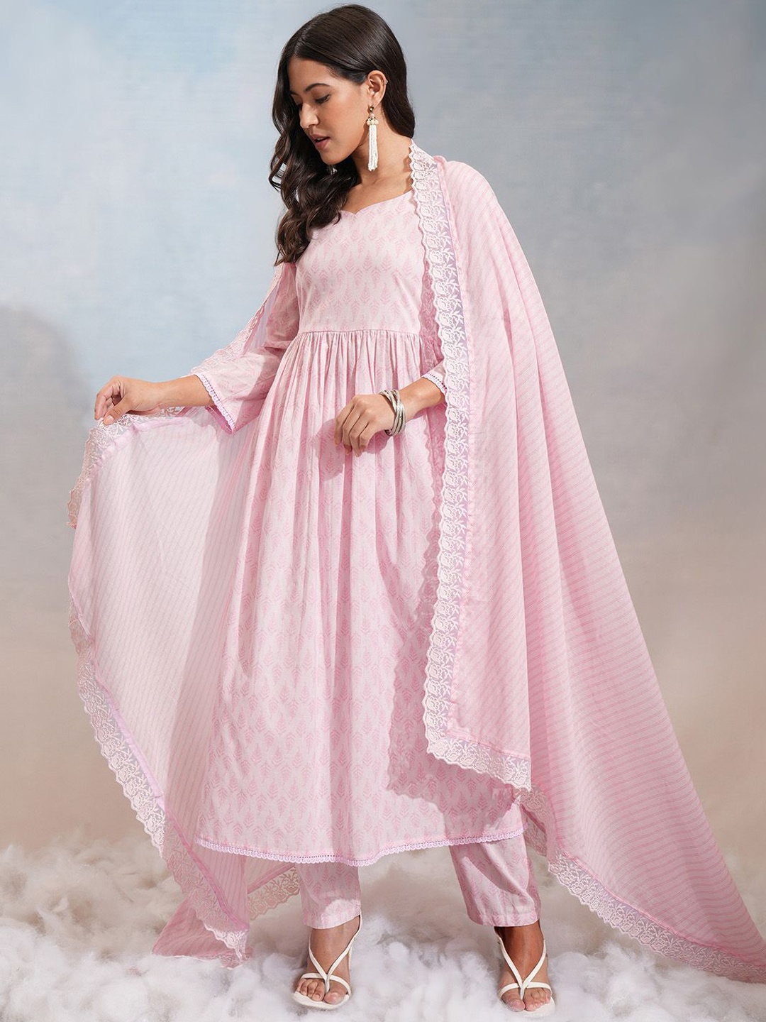 

Vishudh Pink Ethnic Motifs Printed Pure Cotton Anarkali Kurta With Trousers & Dupatta