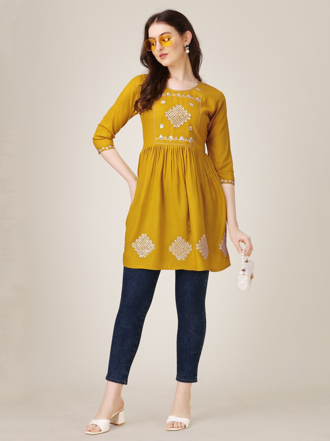 

WILNERCROWN Women Ethnic Motifs Round Neck Top, Mustard