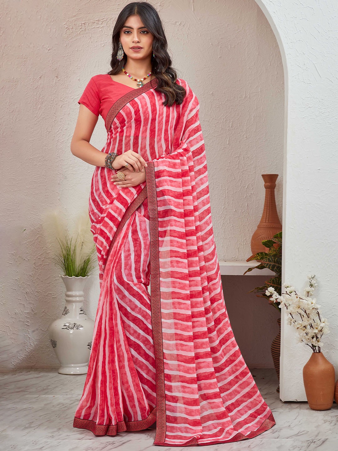 

Globon Impex Striped Pure Georgette Saree, Pink