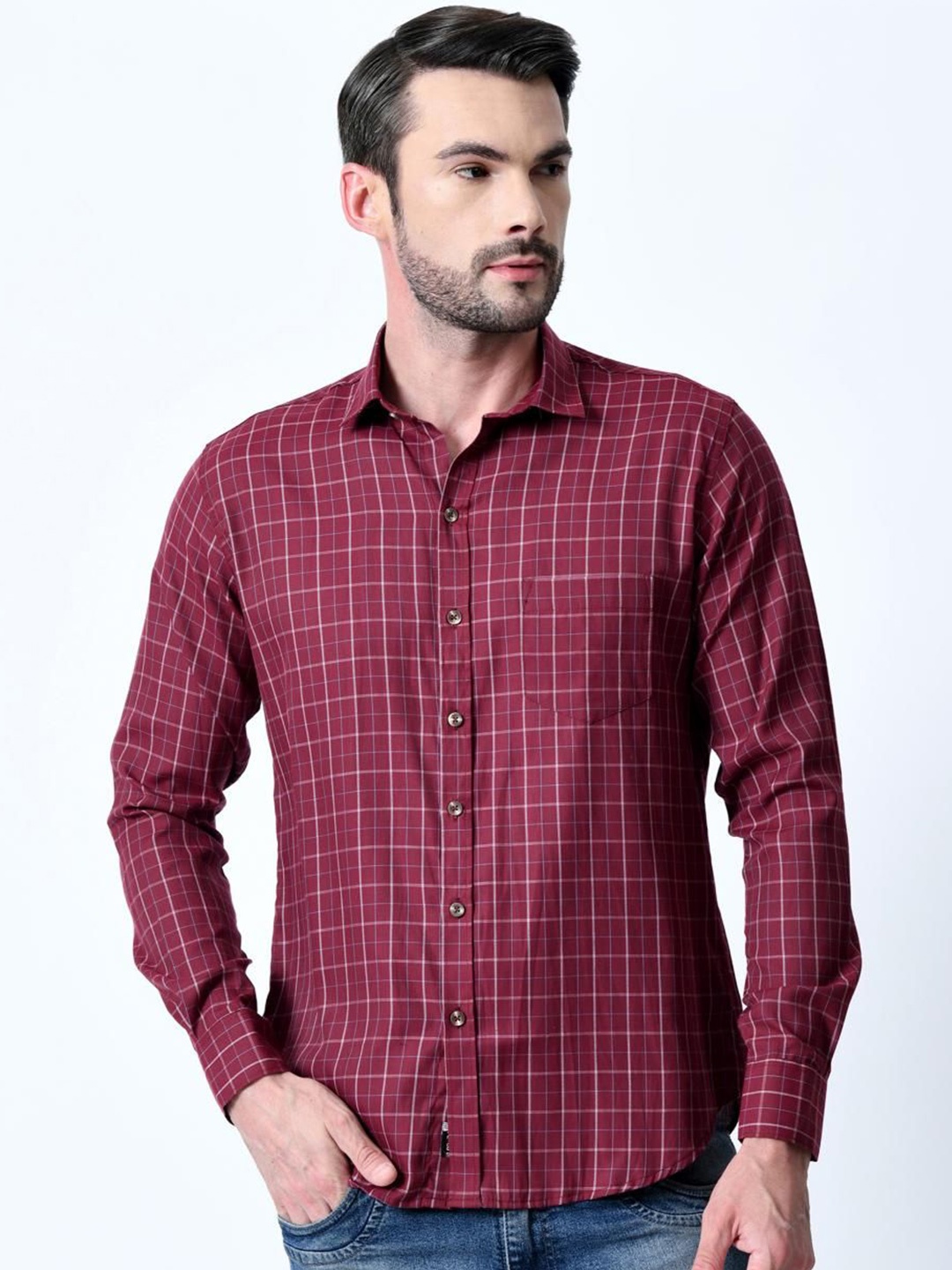 

PEBCO Men Classic Spread Collar Tartan Checked Cotton Slim Fit Casual Shirt, Maroon