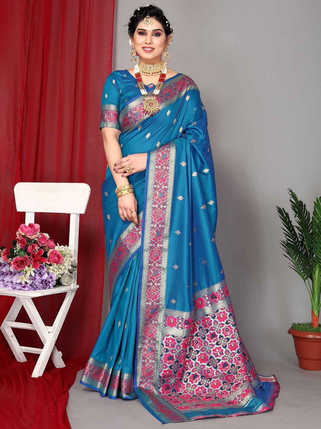 

Divyadham Textiles Ethnic Motifs Zari Pure Silk Paithani Saree, Blue