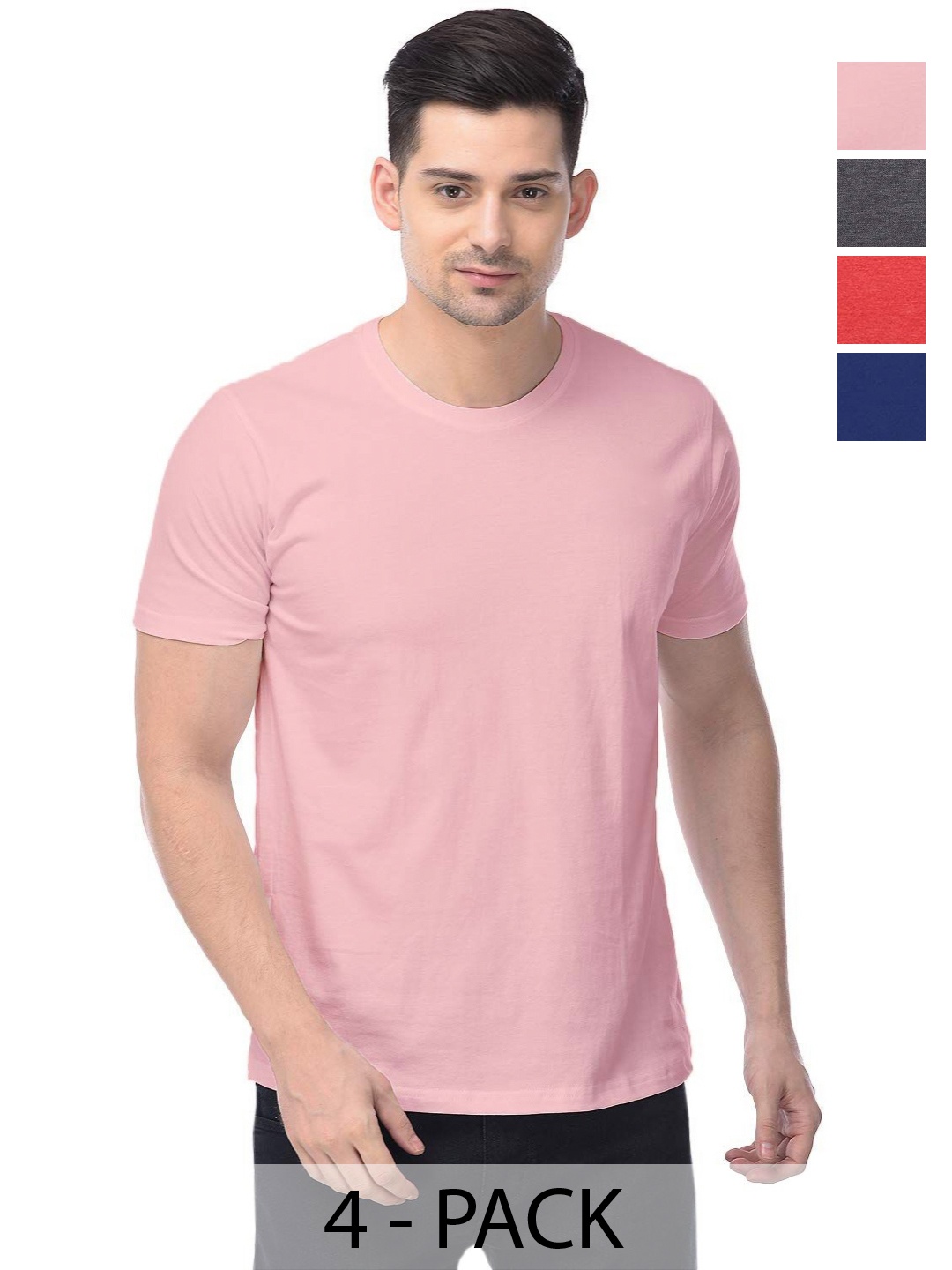 COLOR CAPITAL Unisex Pack Of 4 Solid Round Neck Cotton T-shirts, Pink