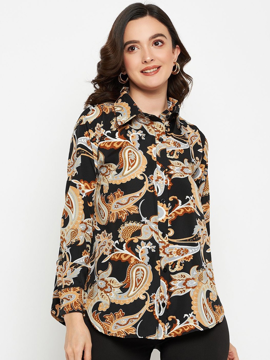

Murcia Women Spread Collar Abstract Printed Crepe Casual Shirt, Black