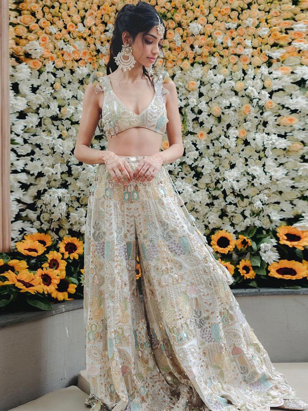 

Payal Singhal Embroidered Mirror Work Ready to Wear Choli And Sharara, Off white