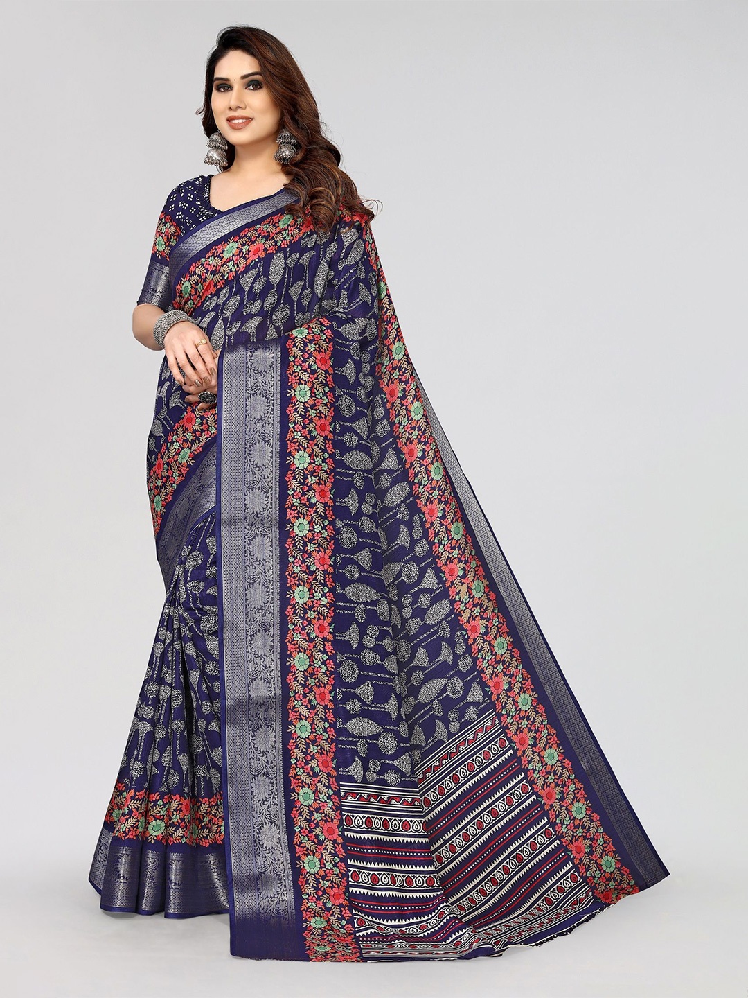 

VIRICA Woven Design Zari Silk Blend Saree, Navy blue