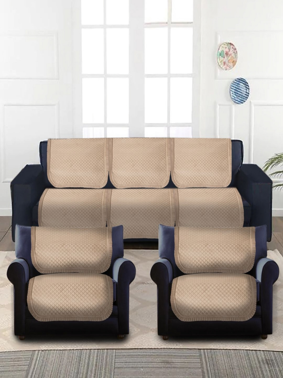 

MULTITEX Beige 6 Pieces Self Design 5 Seater Velvet Sofa Cover