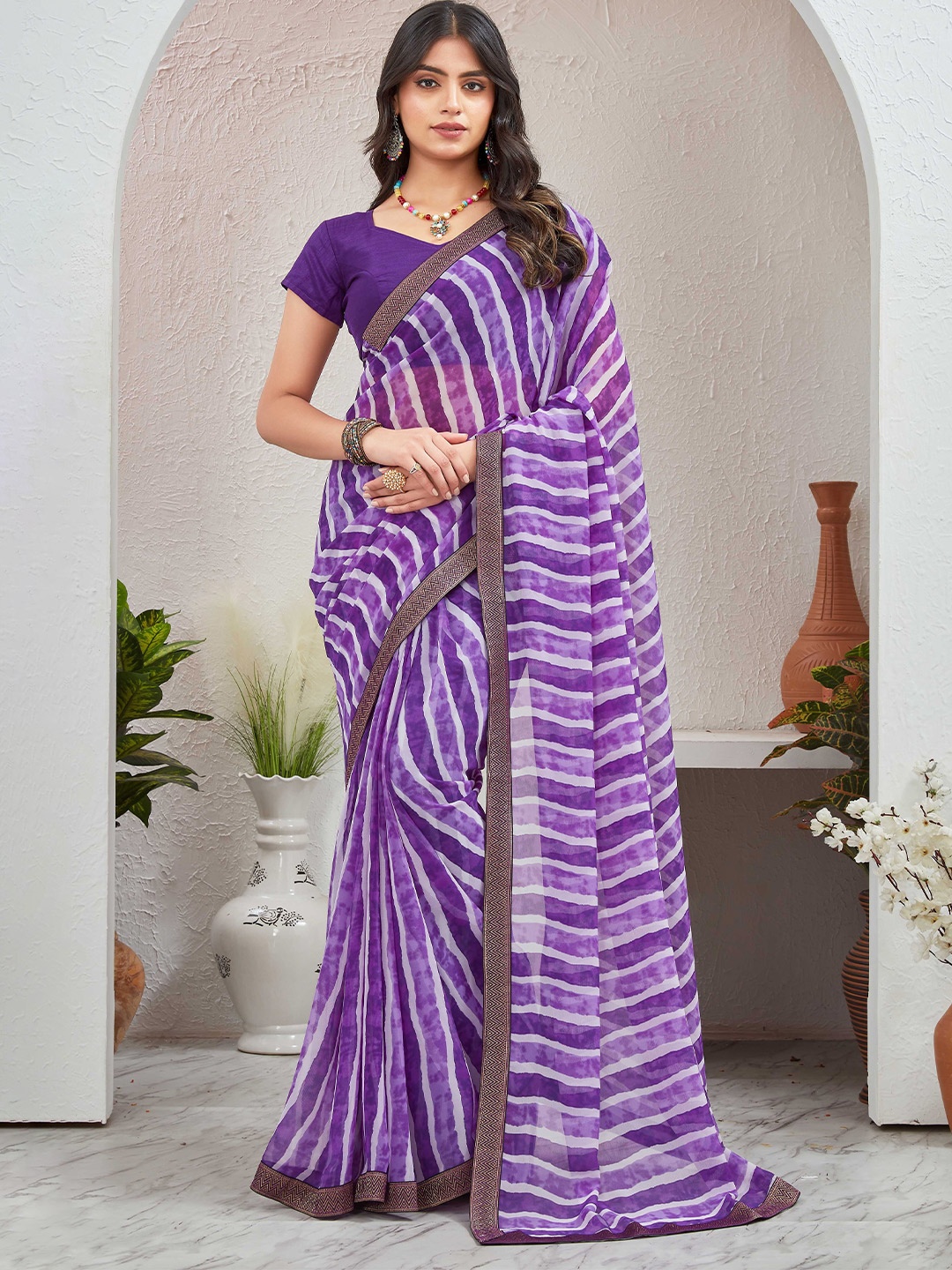 

Globon Impex Leheriya Pure Georgette Saree, Purple