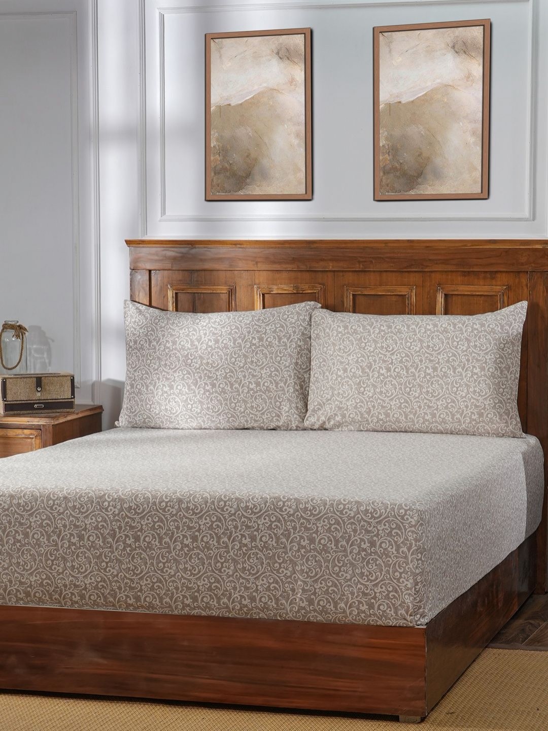 

MASPAR Acanthus Serenity Beige 400TC Pure Cotton Double King Bedsheet & 2 Pillow Covers