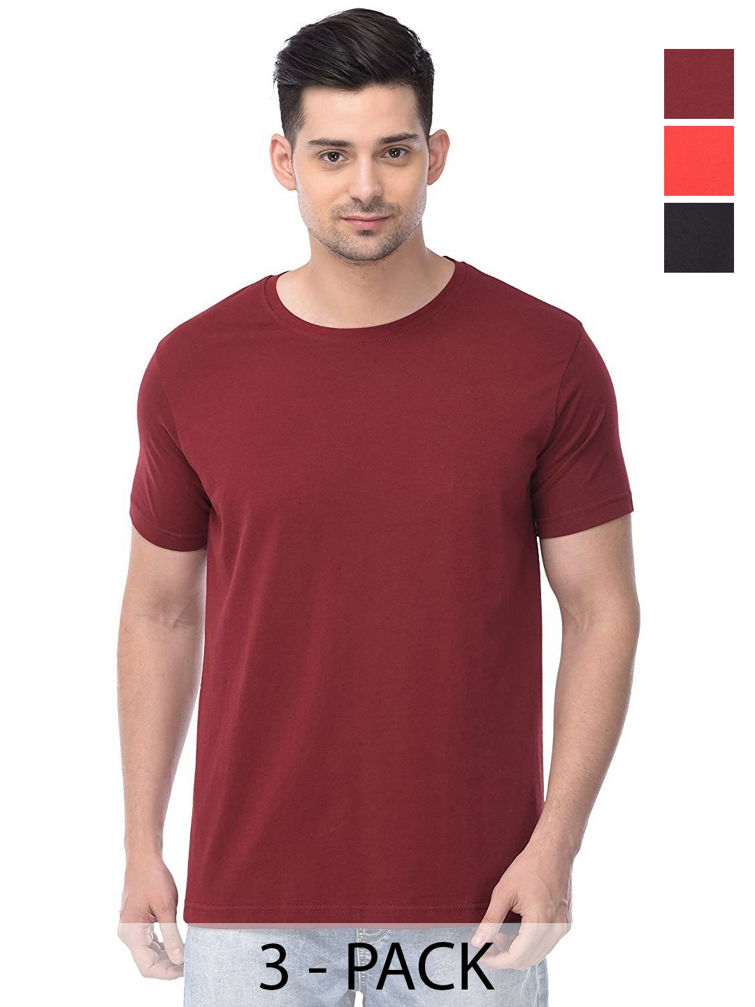 

COLOR CAPITAL Unisex Pack Of 3 Solid Round Neck Cotton T-shirts, Maroon