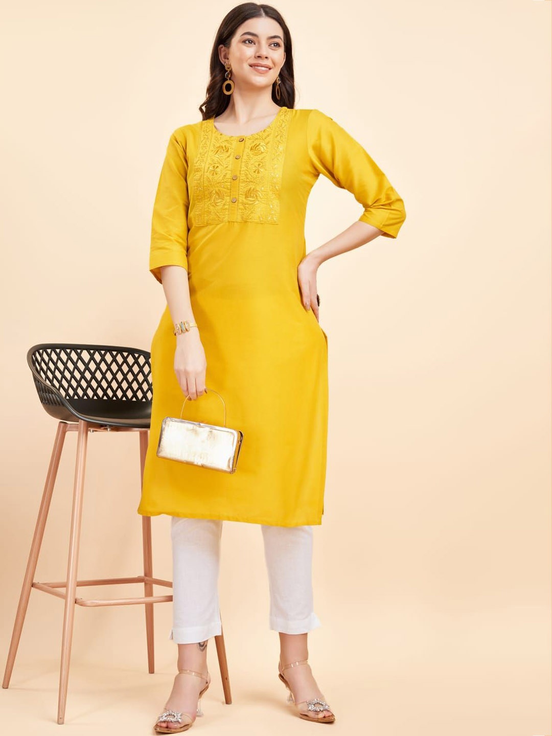 

Suha Floral Yoke Design Round Neck Sequinned Straight Kurta, Mustard