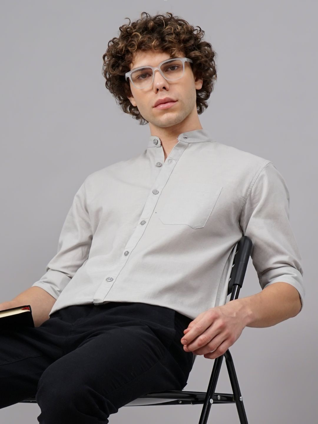 

PAUL STREET Men Standard Band Collar Solid Linen Blend Slim Fit Casual Shirt, Grey