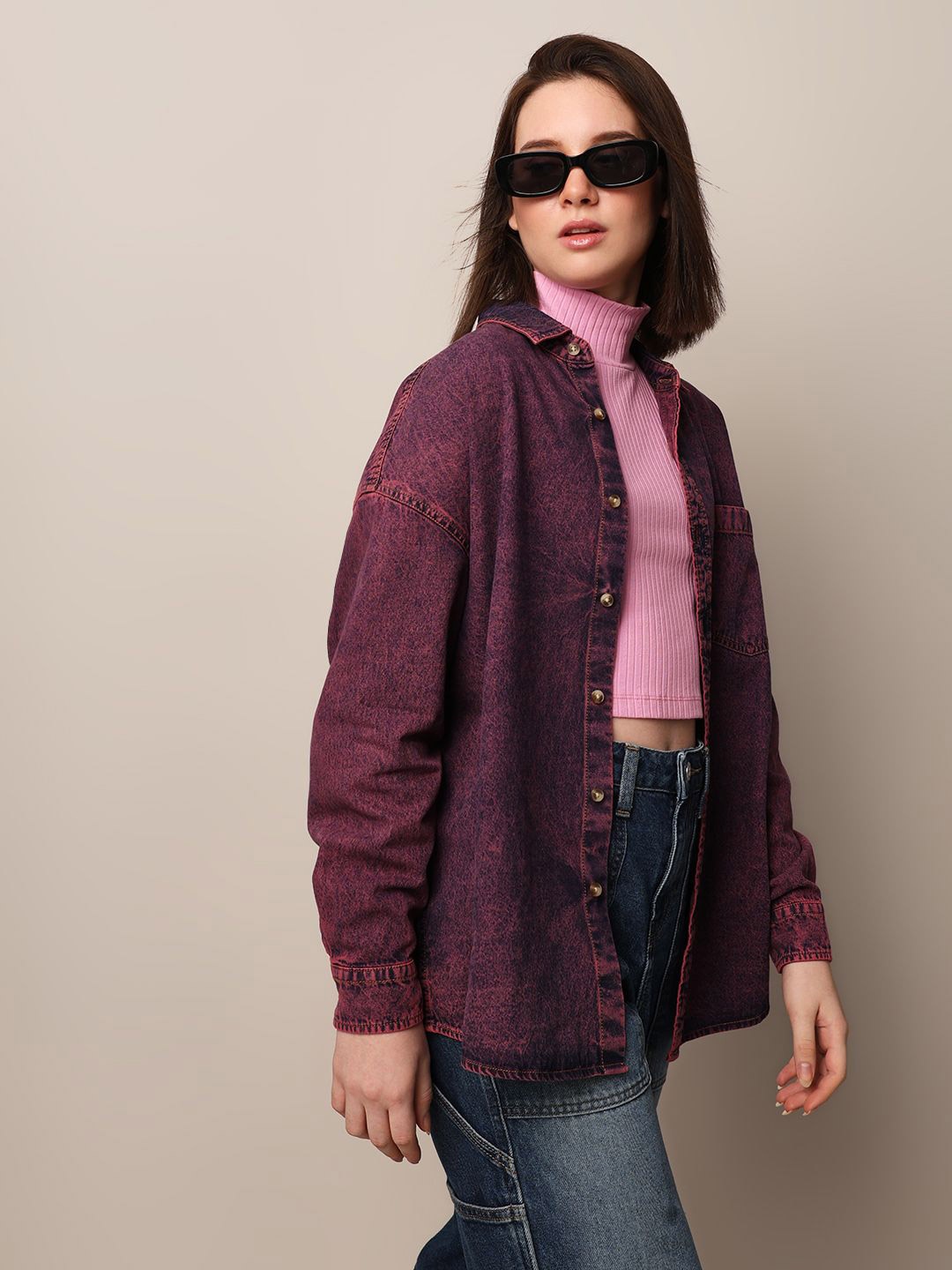 

ONLY Women Spread Collar Faded Denim Oversized Casual Shirt, Pink